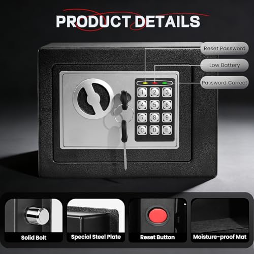 GVUHR Fireproof Safe Box for Handgun and Home Documents - Key and Password Entry with Reset, Fire-Resistant and Waterproof Wall Mounted Metal Safe with Anti-Pry Design (YELLOW)