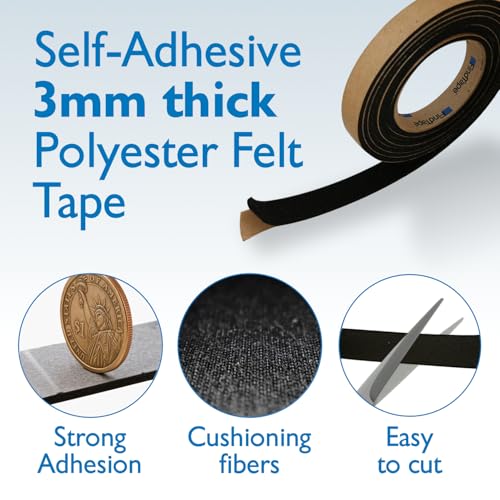 FindTape Polyester 3mm Felt Tape – 1 in. x 50 ft. Felt Strips with Adhesive Backing and Furniture Strips, Great for Arts and Crafts, Classrooms, and Protecting Furniture (Black)