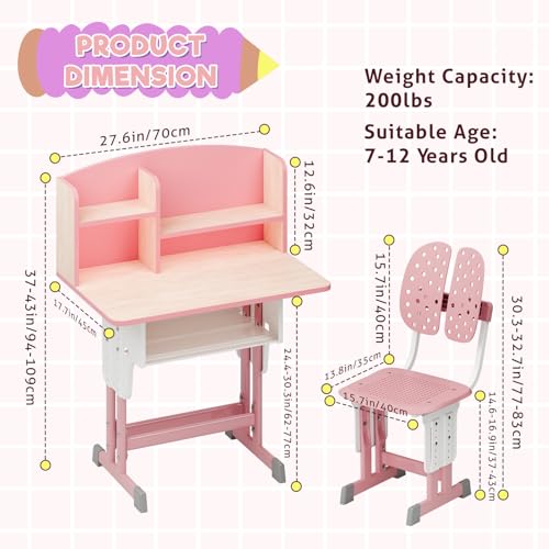 GizmoSynth 【US Shipped】 Kids Functional Desk and Chair Set, Ergonomic Height Adjustable Children School Study Desk with Storage Drawer for Boys Girls