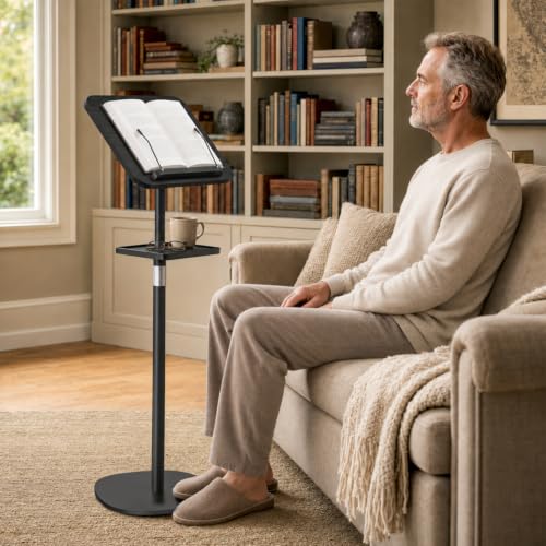 Snughome Floor Book Stand with Tray, Height Adjustment 21"-51", Black