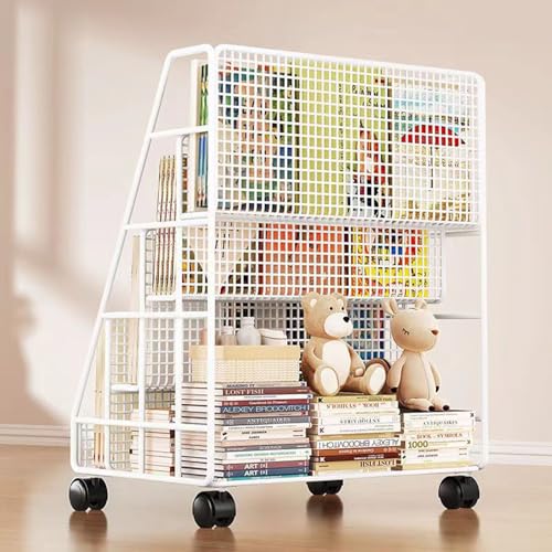Book cartRolling Book cart Metal 4 Tier Rolling Utility cart Heavy Duty Rolling File cart White for Office, Home, School, Classroom,Library