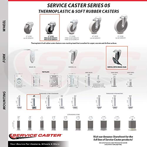 2 Inch Swivel Polyurethane Caster Wheels and 3/8 Inch - 16 TPI x 1 Inch Threaded Stem Caster and Brake - 360 lbs. Total Capacity - Set of 4 - Service Caster Brand