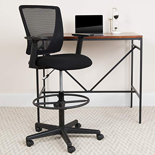 EMMA + OLIVER Mid-Back Black Mesh Drafting Chair with Arms