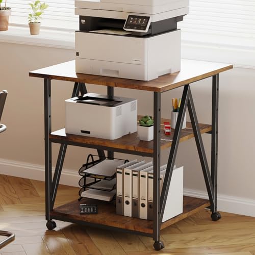 Arbuxzuy 3-Tier Printer Stand, Large Printer Table with Storage, Industrial Printer Storage Cart with Wheels, Rolling Printer Stand for Heat Press Scanner Fax, Brown