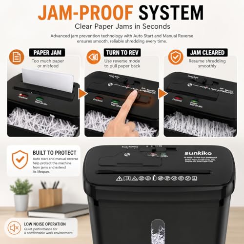 10-Sheet Strip Cut Paper Shredder for Home, Small Shredders for Home Use with Jam Proof System, P-2 Security Level, 5-Min Continuous Run, 3.17 Gallon Bin, Black