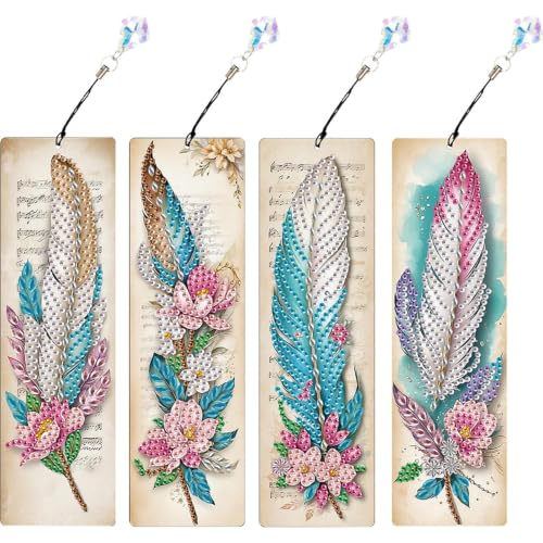 4Pcs Feather DIY Diamond Art Painting Bookmark