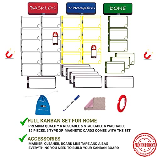PMXBOARD Home Kanban Board Set – 39-Piece Scrum & Agile Magnetic Cards Kit | Complete Kanban Board for Home, Office & School | Reusable Task, Detail, Blocker & Headline Cards for Project Planning