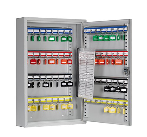 ARREGUI PL060 Key Cabinet Steel Key Box with 60 Hooks, Adjustable and Numbered Hook Rails and Key List, Includes 60 Writeable Key Fobs, 45 x 30 x 8 cm, Light Grey