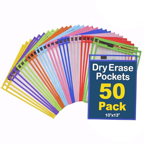 BONBELA Dry Erase Pockets 50 Pack, 10" x 13" Reusable Pocket Sleeves