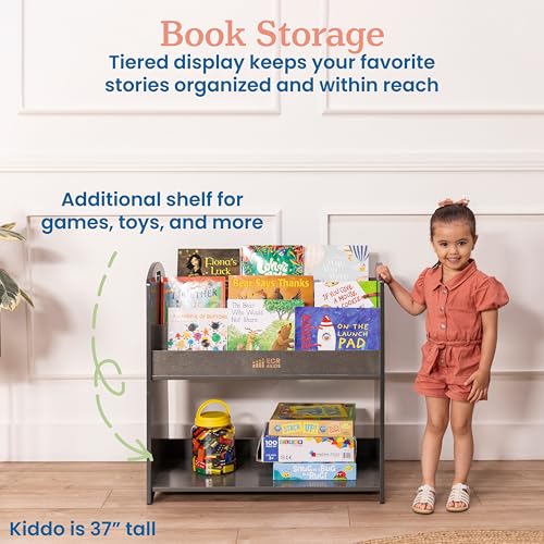 ECR4Kids 3-Shelf Floor Book Display with Handles and Storage, 30in, Kids Bookshelf, Grey Wash