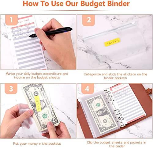 ONMYJFD A6 PU Leather Budget Binder Cash Envelopes Organizer with 12 Pcs Binder Pockets,Budget Sheets,Sticker Sheets for Money Saving(D)