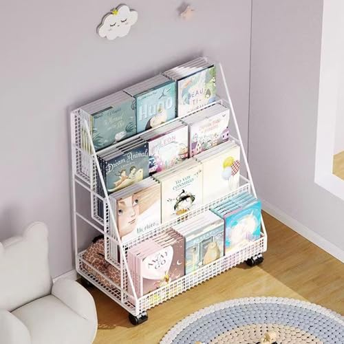 Book cartRolling Book cart Metal 4 Tier Rolling Utility cart Heavy Duty Rolling File cart White for Office, Home, School, Classroom,Library