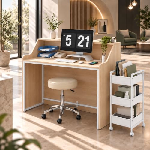 Zevemomo Front Desk Reception Counter with Rolling Cart, Natural+White