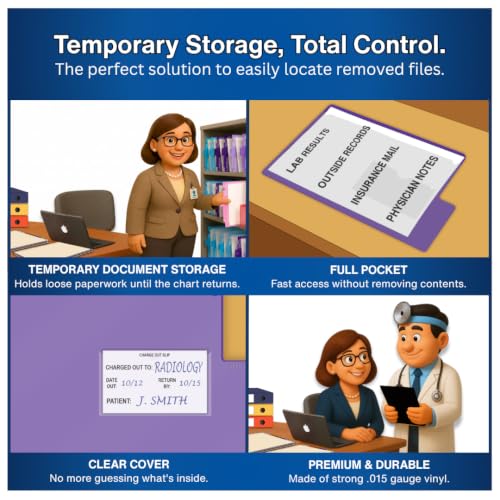 Doctor Stuff - Short Tab Vinyl Outguides, Full Front Pocket, Bottom Charge Out Slip Pocket, Plastic File Folder, Legal Size 9" x 16", Purple, 50/Box