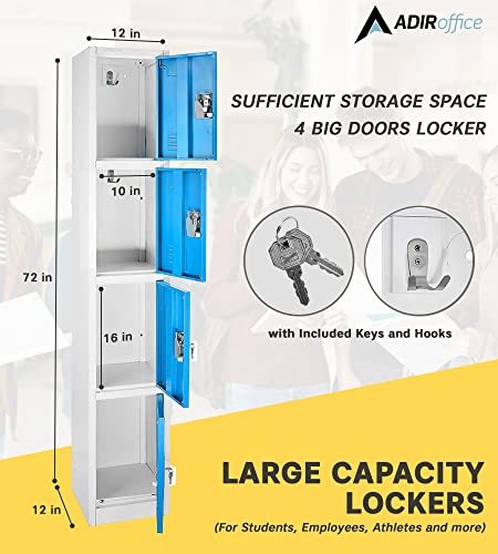 AdirOffice Large School Locker with 4 Doors 4 Hooks Storage Locker for Garage Storage - Office Storage Lockers (4 Door, Blue)