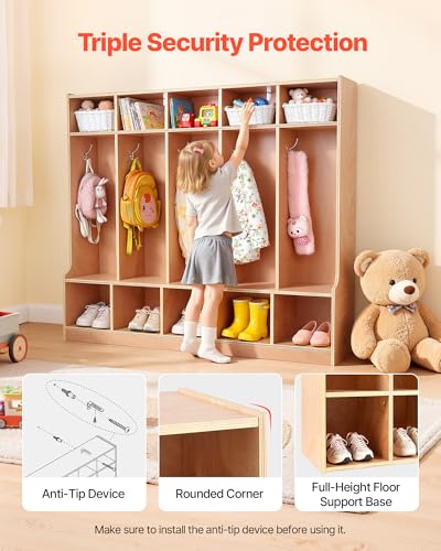 VEVOR 5-Section Coat Locker with Bench, Kids Lockers with 10 Hooks & Non-Slip Mat, Classroom Cubbies for Daycare, Home, Kindergarten- Natural