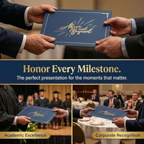 PaperDirect Above and Beyond Certificate Jackets, 9 Inches x 12 Inches Folded, Blue with Gold Foil, Certificate Cover for School, Work, Diplomas, Graduation & Awards, Certificate Holder, 50 Count