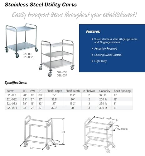 CenPro 32L-034 33x21 Knocked Down Stainless Steel 3-Shelf Utility Cart