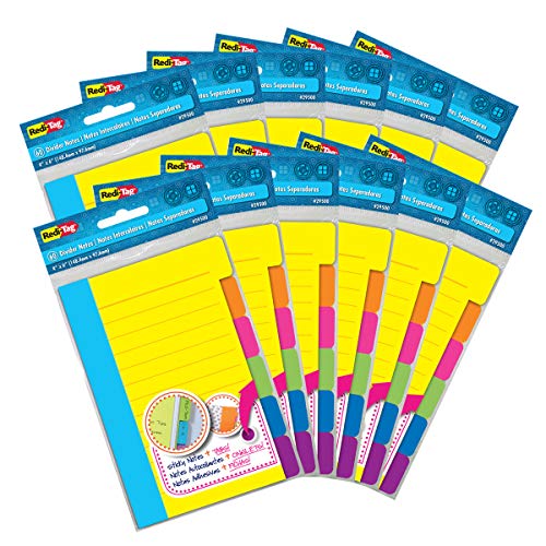 Redi-Tag Divider Sticky Notes, Tabbed Self-Stick Lined Notepads, 720 Ruled Notes, 4" x 6", 12 Books Per Pack, Assorted Colors (B29512)