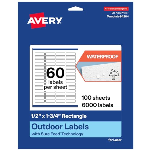 Avery® Outdoor Waterproof Rectangle Labels, Sure Feed® Technology, 0.5" x 1.75", White Film, Print-to-the-Edge, Compatible with Laser Printers, 6000 Labels Total