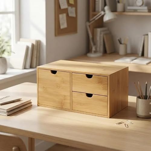 Natural Bamboo Desktop Organizer with 3 Drawers, Minimalist Desk Storage Box, Eco-Friendly Office Supplies Organizer for Home Office, Bedroom Vanity, Light Wood Color