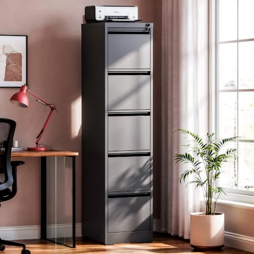 VIYET 5-Drawer File Cabinet with Lock.Vertical Steel Storage for Letter/Legal/A4 Size Folders,Anti-Tip Safety Design,Black
