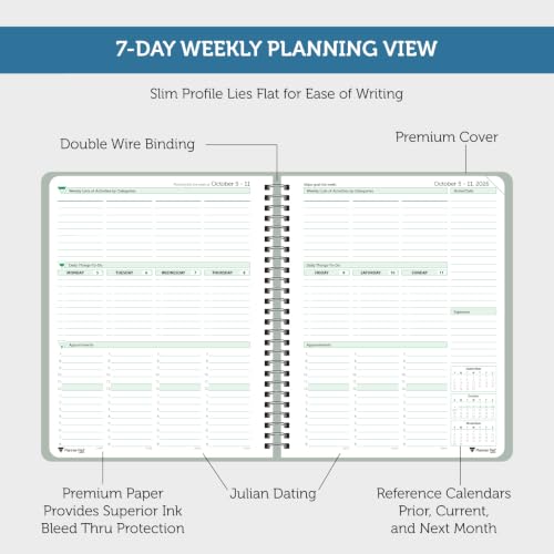 Planner Pad Spiral Bound October 2026 – September 2027 6 3/4" x 8 1/2" Medium 3-Tier Funnel Down 12 Month Organizer, Greenish Grey Cover/Soft Green Ink