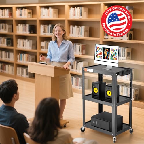 3 Shelf Metal Utility Cart with Wheels & Power Strip - Steel Mobile AV Cart for Video Projector, TV, Laptop, Computers, Printers - Height Adjustable Media Carts for Office Classroom Warehouse