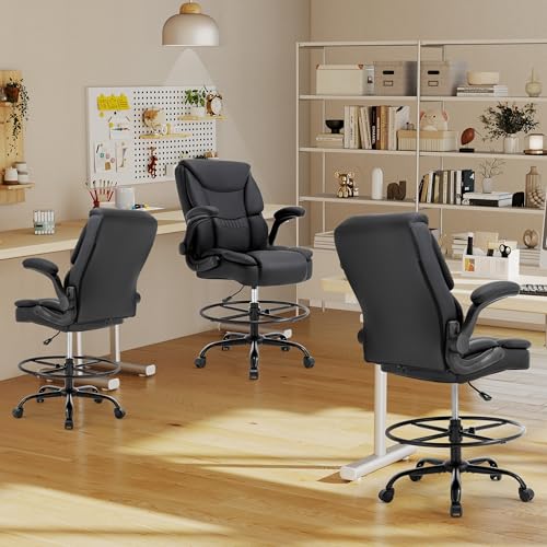 Ergonomic Drafting Chair, Tall Office Chair for Standing Desk, High Back Standing Desk Chair with Flip-Up Armrest, Adjustable Height&Foot Ring, Executive Extended Height Office Chairs,PU Leather Black