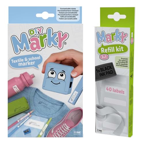 MARKY Stamp Set in Light Blue, with Black Ink for Labelling Various Objects and Clothing, incl. 3in1 Refill Set with Ink pad, 40 Labels and 1 m thermotape