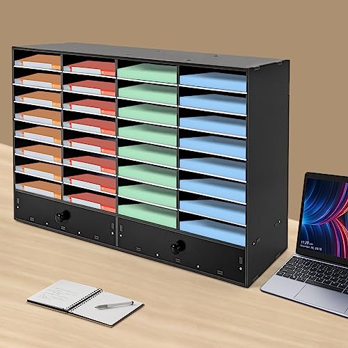Literature Organizer 32 Compartment with 2 Drawers Paper and Mail Organizer, 8 Tiers PVC Paper Storage Cabinet 39.4 X 12 X 25.2inch for Home School Office(Black)