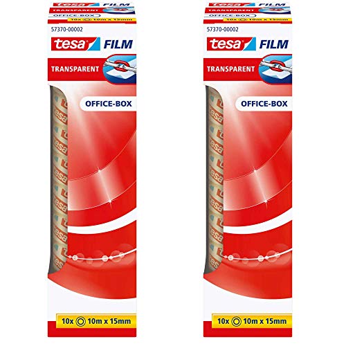 tesa film® 57370 Adhesive Tapes Film Rolls Transparent in Practical 10 Rolls Office Box 10 m x 15 mm (Pack of 2 = 20 Rolls)