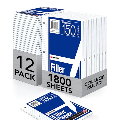 Kaisa Filler Paper Notebook Paper College Ruled 8"x10.5" Loose Leaf Paper for 3-Ring Binders 1800 Sheet/pack,12pack (Total 1800 Sheets)