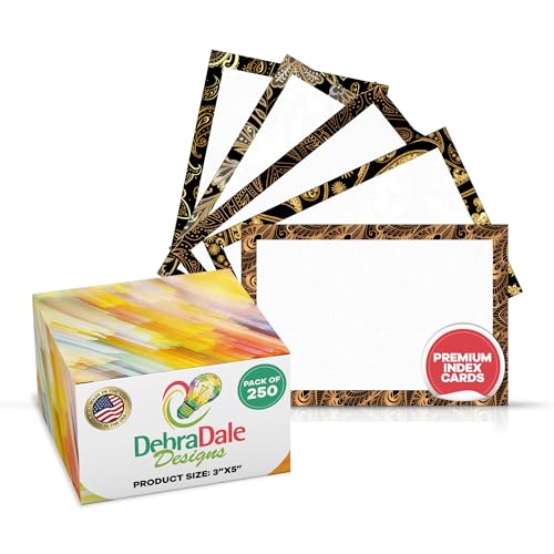 Debra Dale Designs Premium 3x5 Index Cards | Box of 250 | Unruled, Blank Reverse Side | Unique Black & Gold Borders (Non-Metallic) | Heavy-Duty 140# Cardstock | Made in U.S.A. | Note & Recipe Cards