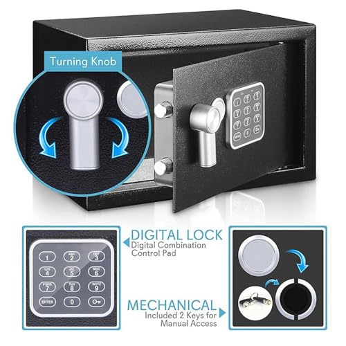 Mini Safe with Digital Code, Security Box with Key, Wall Safe Deposit Box Safety Lockbox for Home, Office, Hotel