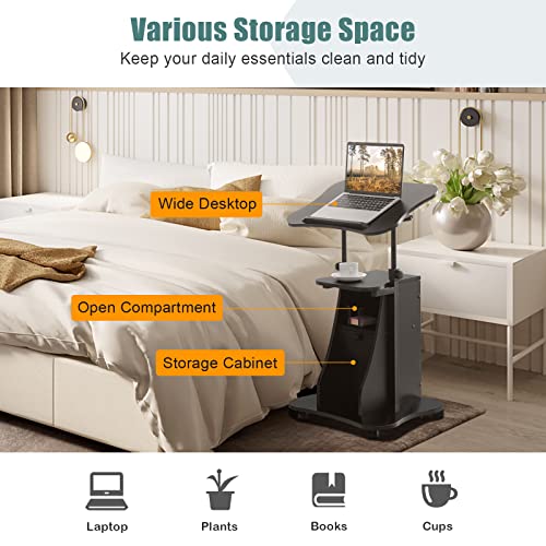 COSTWAY Mobile Lectern Podium Stand, Rolling Laptop Cart w/ 180° Tilting Tabletop, Storage Compartments & Lockable Casters, Sit-to-Stand Computer Workstation for Home, Office, School (Black, Set of 1)