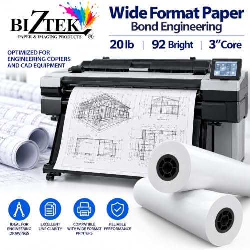 BIZTEK Wide Format Paper 24" x 500' Rolls Bond Engineering (20lb | 2 Rolls, 24 In x 500 Ft | 3" Core)