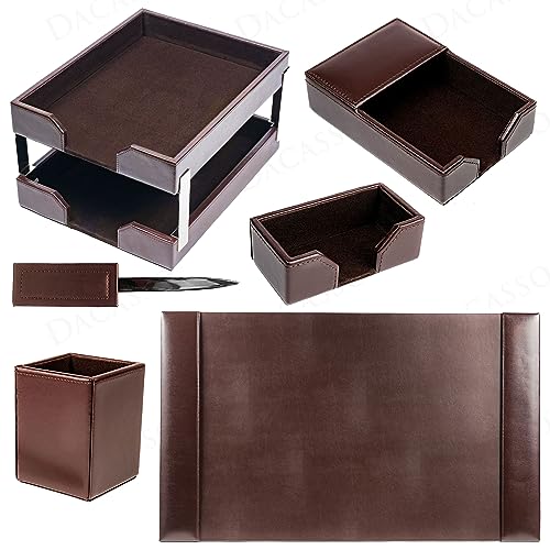 Dacasso Dark Brown Bonded Leather 8-Piece Desk Accessory Set - Organization Essentials & Executive Decor - Luxury Leather Blotter for Office Organization
