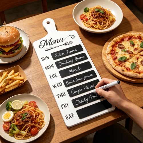 Breadboard Style Wooden Chalkboard Menu Planner, Farmhouse Weekly Meal Plan Sign with “MENU” Lettering & Fork Icon, Includes Erasable Pen, 8.6" x 23.6" Kitchen/Dining Room Decor & Meal Organizer