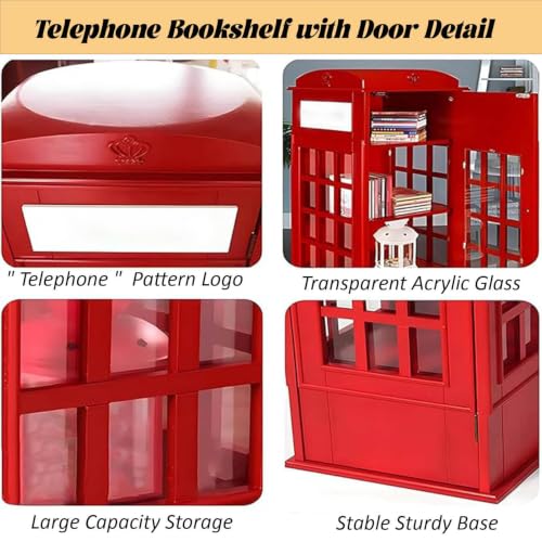 LJLYYDS Wooden Telephone Standing Bookshelf Vintage,5-Tier Wood London Telephones Booth Storage Shelf Cube,Floor Standing Telephone Booth Bookshelf with Acrylic Door for bookstores Red