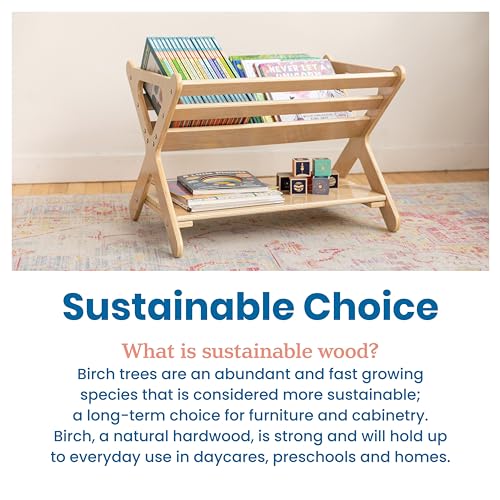 ECR4Kids Wooden Book Caddy with Storage Shelf and Handles, Natural