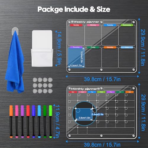 Acrylic Magnetic Dry Erase Calendar Board for Fridge, 2 Pack Clear Weekly & Monthly Calendar Planning Board Set for Refrigerator with 8 Markers, Reusable Family Schedule Planner (11.8" × 15.7")