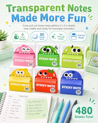 Transparent Sticky Notes Glitter 6 Fruit Monster Pull Out Dispenser Boxes