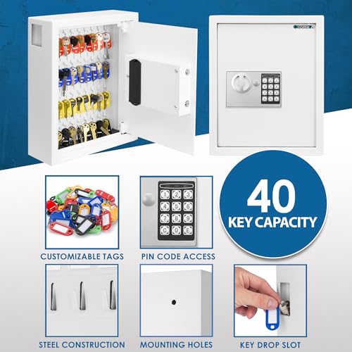 Barska 40-Key Digital Wall Mount Key Cabinet – Electronic Lock Steel Security Box with Numbered Hooks & Tags for Home, Office, School, or Business - Key Box Wall Mount - Key Drop Slot - Key Storage