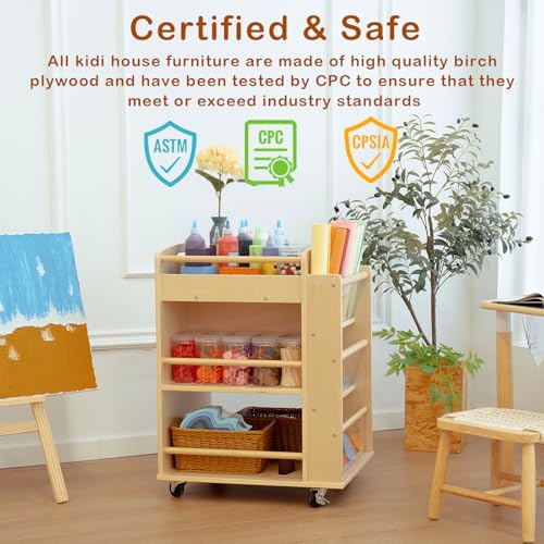 kidi house Art Cart Organizer on Wheels 3-Tier Wooden Rolling Craft Cart