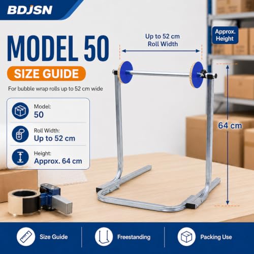 BDJSN Floor Standing Bubble Wrap Dispenser, Galvanized Steel Packing Roll Holder with Side Guides, Quick-Change Clip, 64 Cm High, 6 Width Options for Warehouse Shipping and Moving Supplies 50cm
