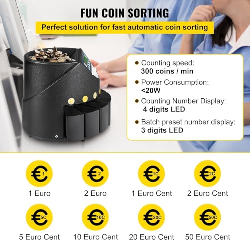 300 Coins/Min Euro Coin Sorter Counter Professional Electric Automatic Machine LED Display for School Shop Bank Commercial