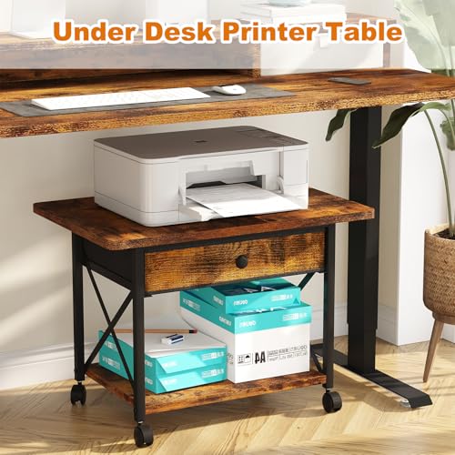 EasyCom Large Printer Stand with Fabric Storage Drawer and Locking Wheels