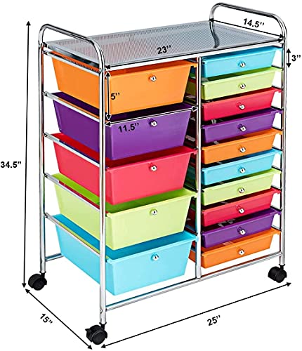 15-Drawer Storage Cart, Mobile Rolling Utility Cart w/Wheels, Multipurpose Organizer Cart for Tools, Scrapbook, Paper, Ideal for Home Office School (Multicolor)
