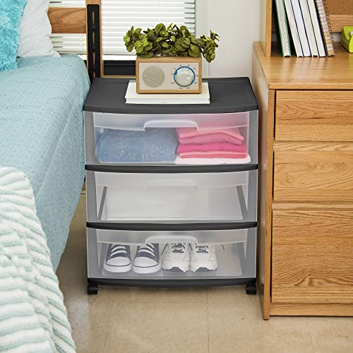 EsEiCo 3 Drawer Plastic Storage Drawer Cart, Medium Home Organization Storage Container with 3 Large Clear Drawers With Wheels, Black